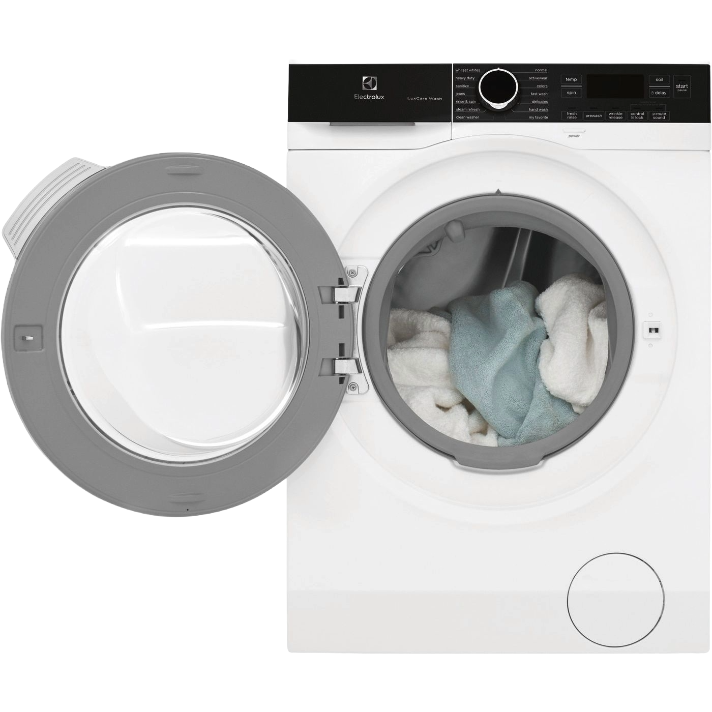 Front-load compact washer with open door showing towels inside, part of Washers & Dryers appliance collection