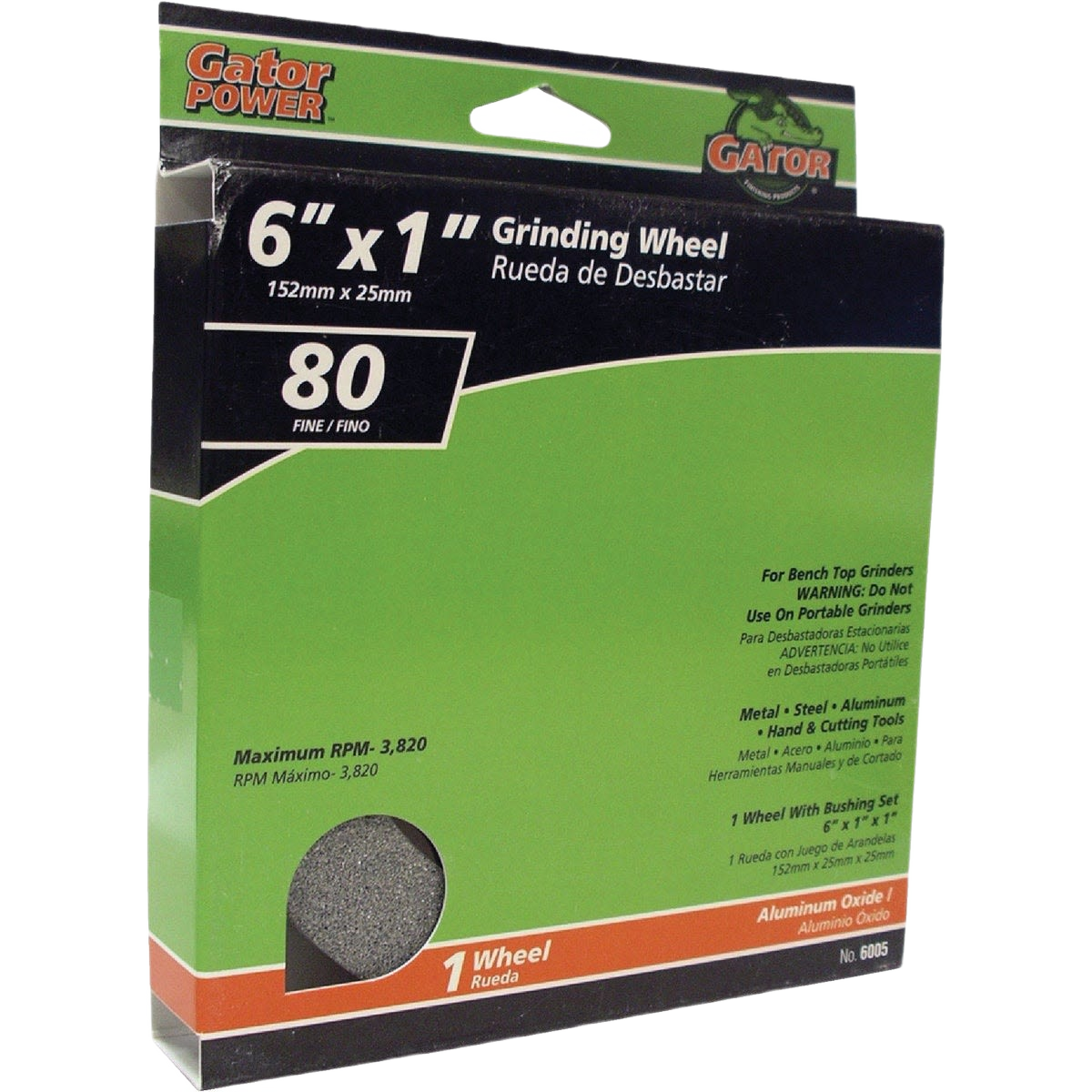 Gator grinding wheel in green and black packaging for bench grinders, suitable for metal, steel, and woodworking tool use