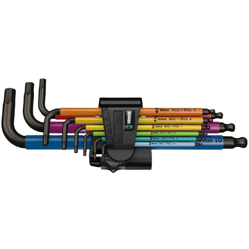Compact set of multicolored hex and ball end keys organized in a black clip for easy tool storage and home improvement tasks