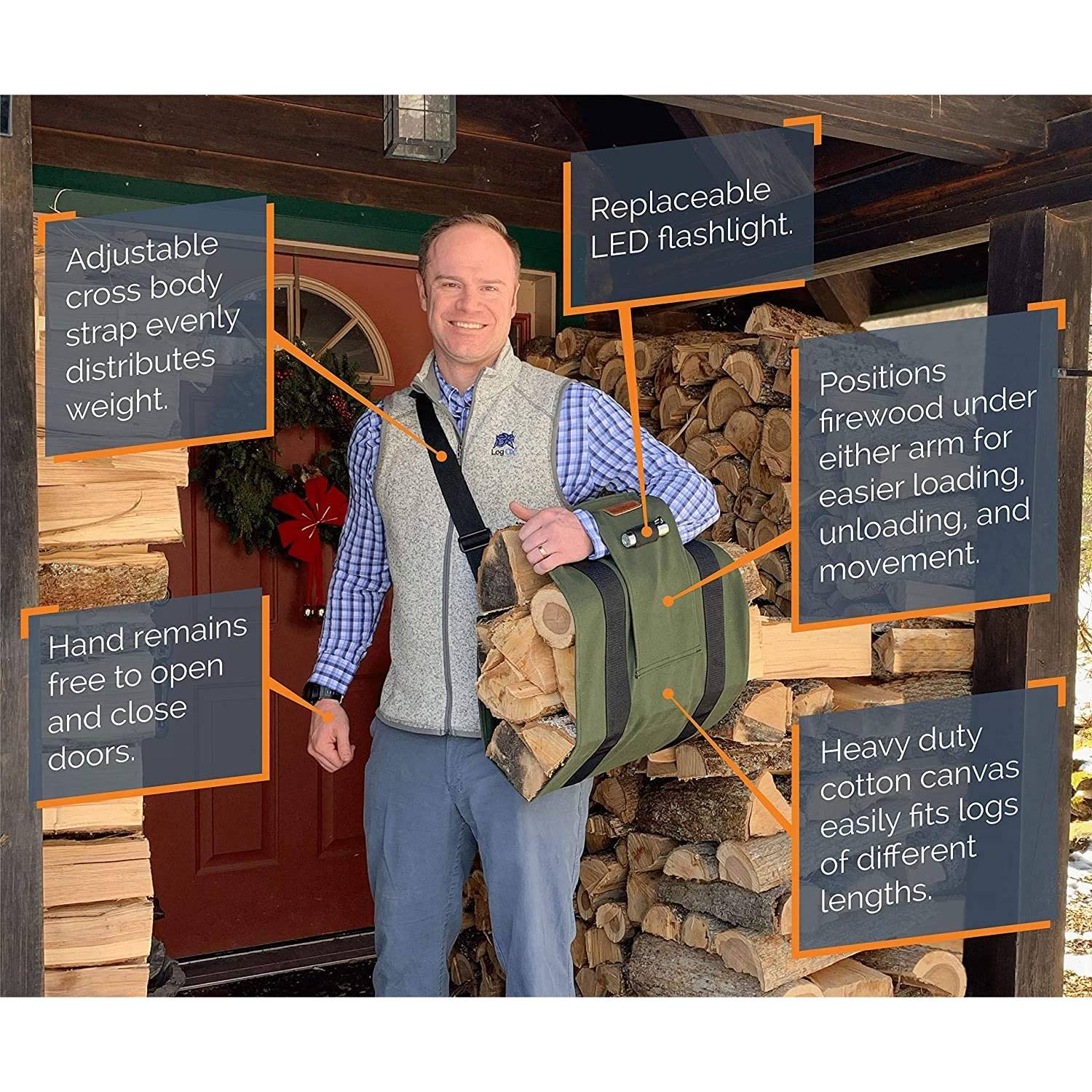 Man carrying green canvas firewood carrier with adjustable strap and replaceable LED flashlight for home use