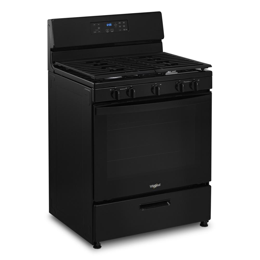 Black freestanding gas range with edge to edge cast-iron cooktop grates and digital control panel for kitchen appliances collections
