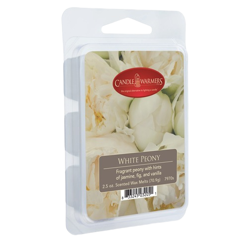 Clear plastic clamshell packaging containing scented wax melts with white peony flower imagery and product label detailing fragrance notes
