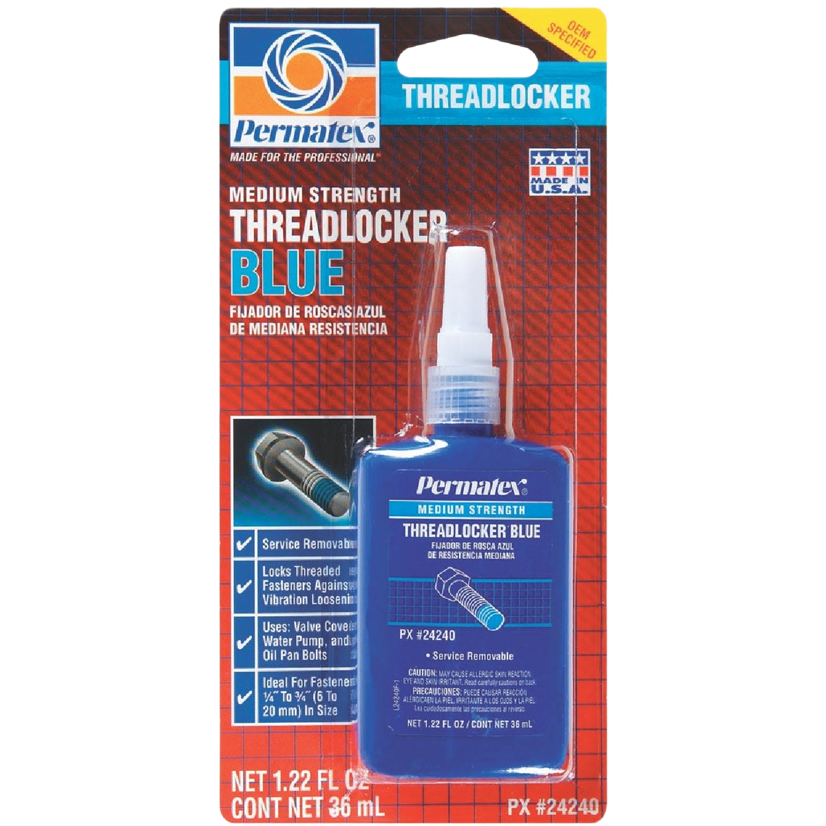 Medium strength blue threadlocker in plastic bottle with precision nozzle for securing threaded fasteners in home improvement tasks