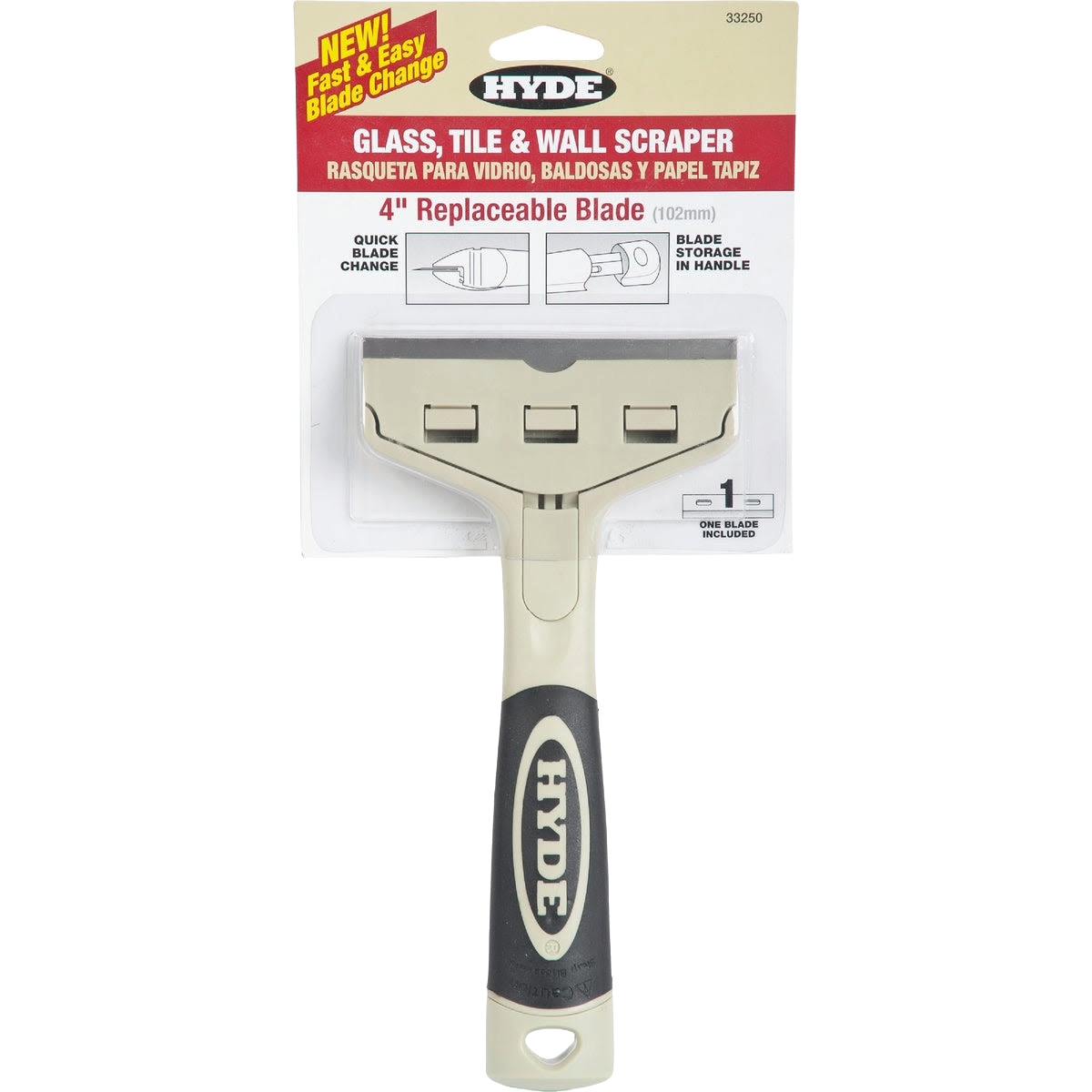 Wide-blade razor scraper with quick-change feature and ergonomic handle for paint and wallpaper removal in home improvement tools