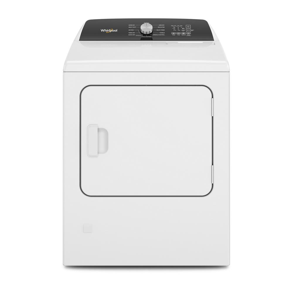 White top load gas dryer with control panel and knob, part of Dryers and Appliances collections for home improvement use