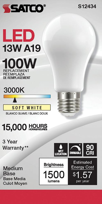 Energy-efficient 13.5W LED bulb with soft white 3000K light, medium base, dimmable, and 15,000-hour lifespan for home lighting.