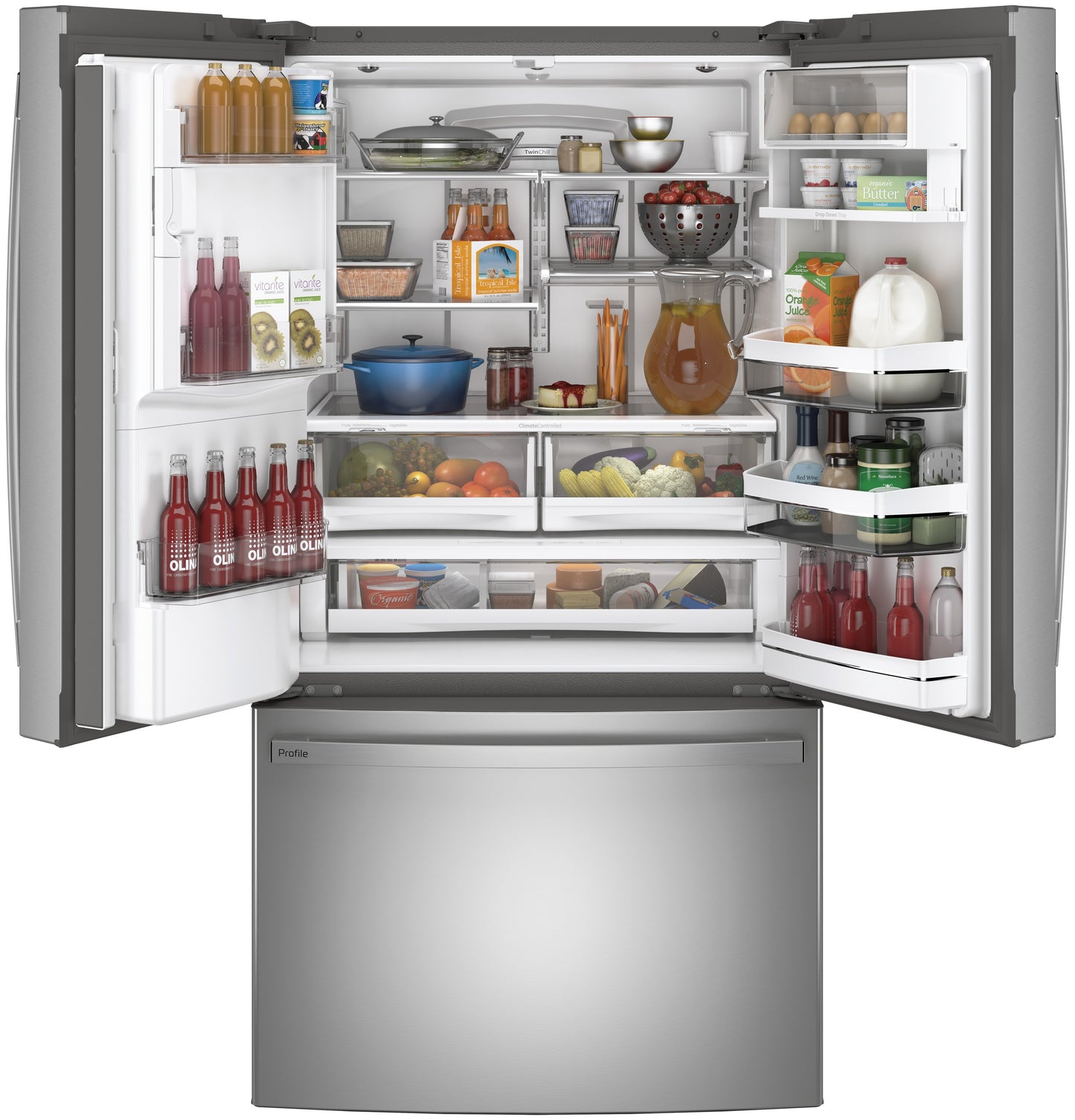 Open stainless steel French-door refrigerator with spacious shelves stocked with beverages, produce, and kitchen essentials