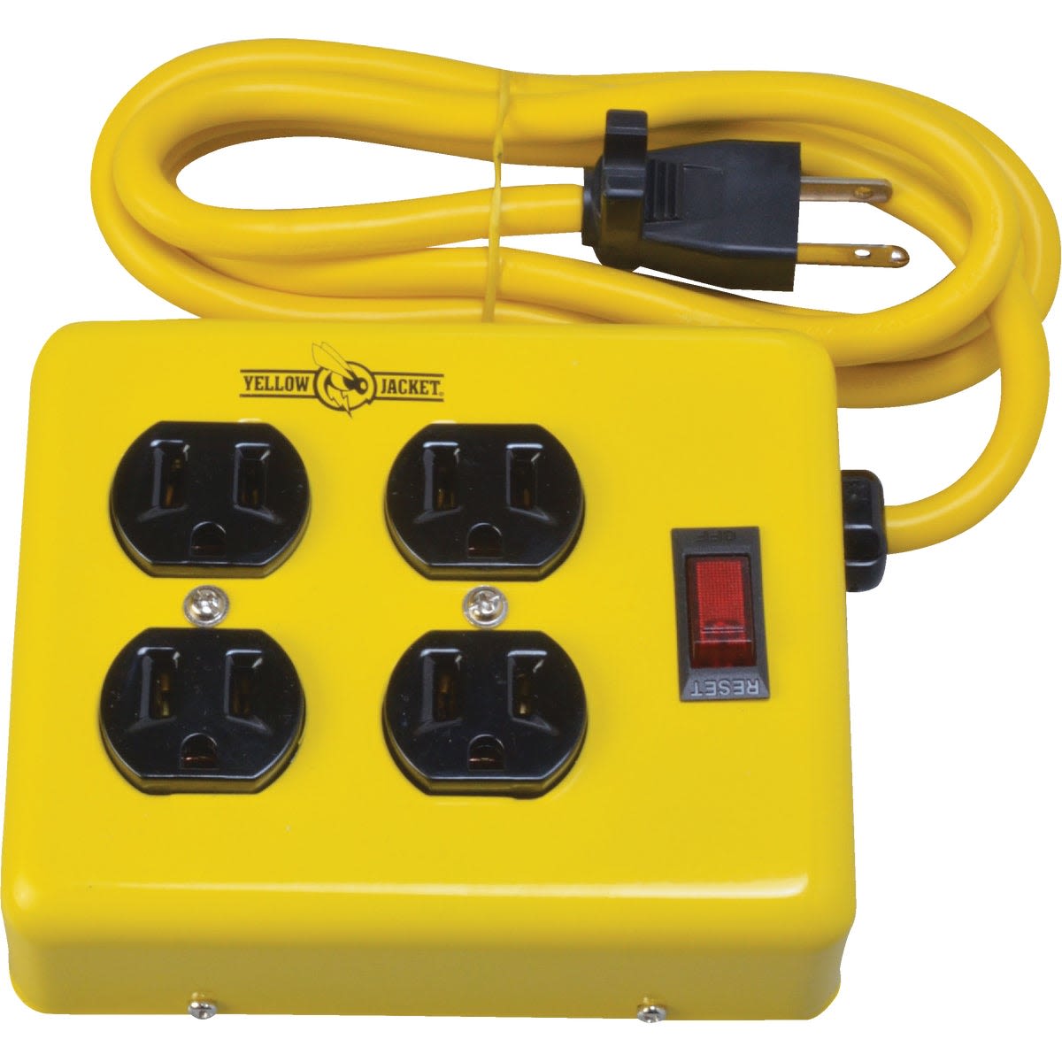 Yellow metal 4-outlet power strip with attached yellow cord and reset switch for electrical and home improvement use