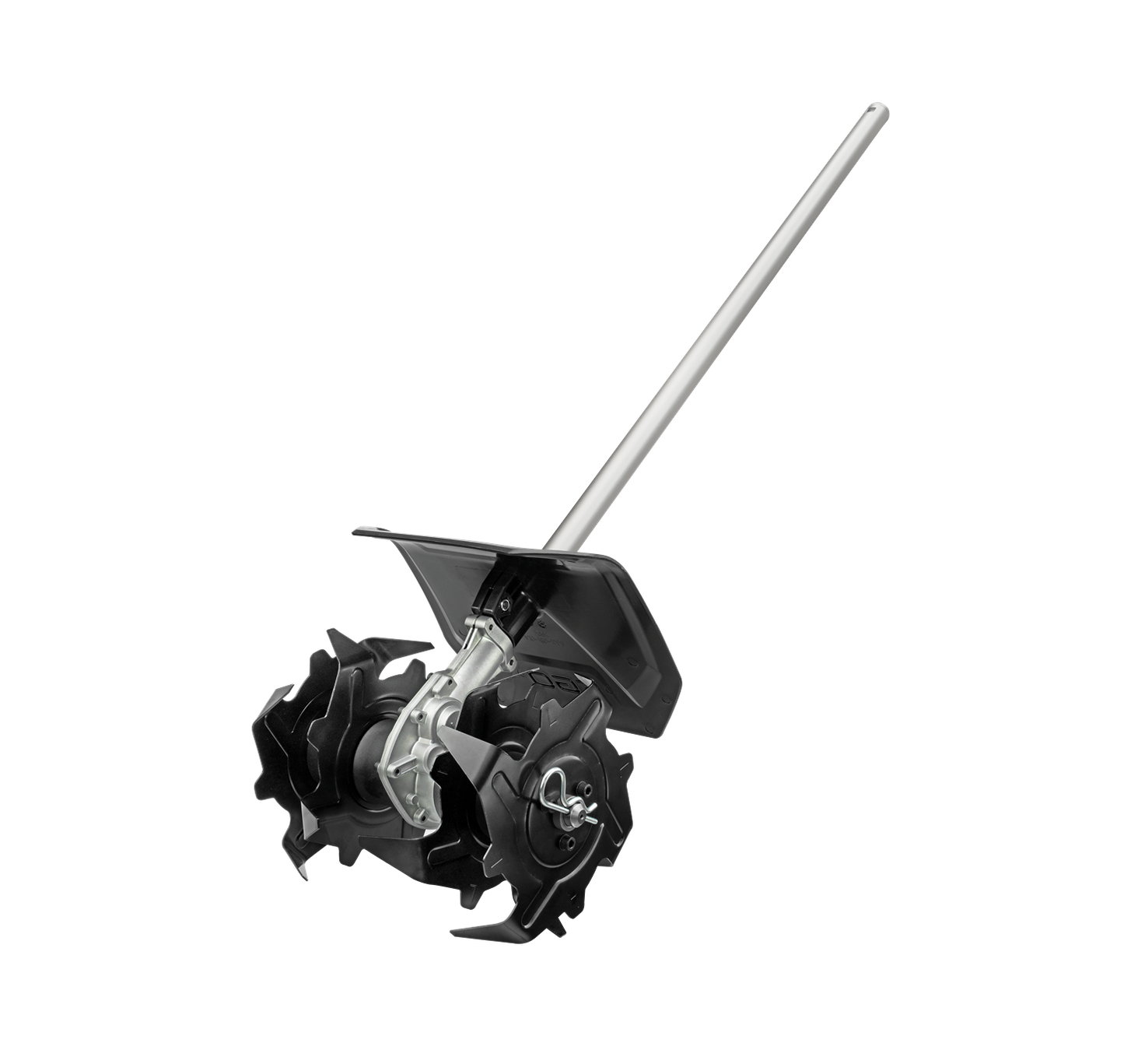 Metal cultivator attachment with curved tines and protective guard for lawn and garden outdoor power tools collection
