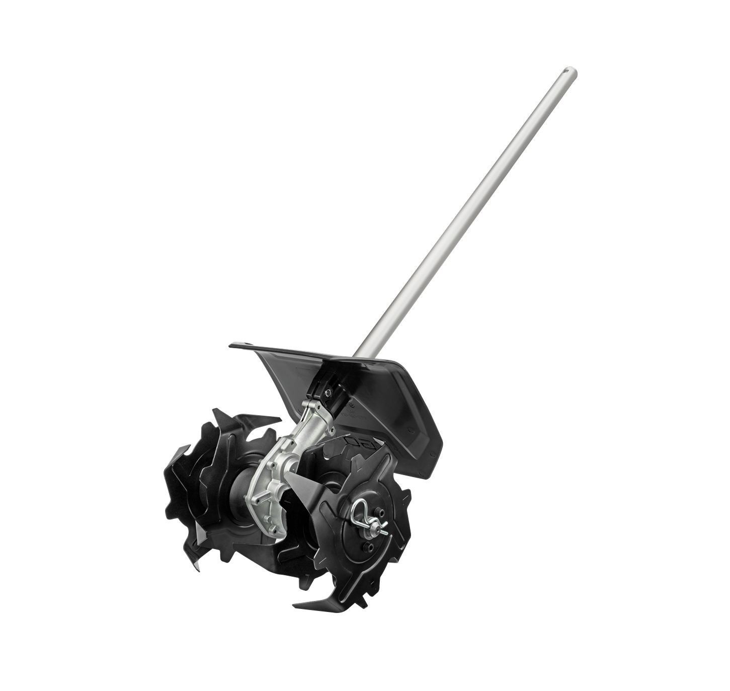 Metal cultivator attachment with curved tines and protective guard for lawn and garden outdoor power tools collection