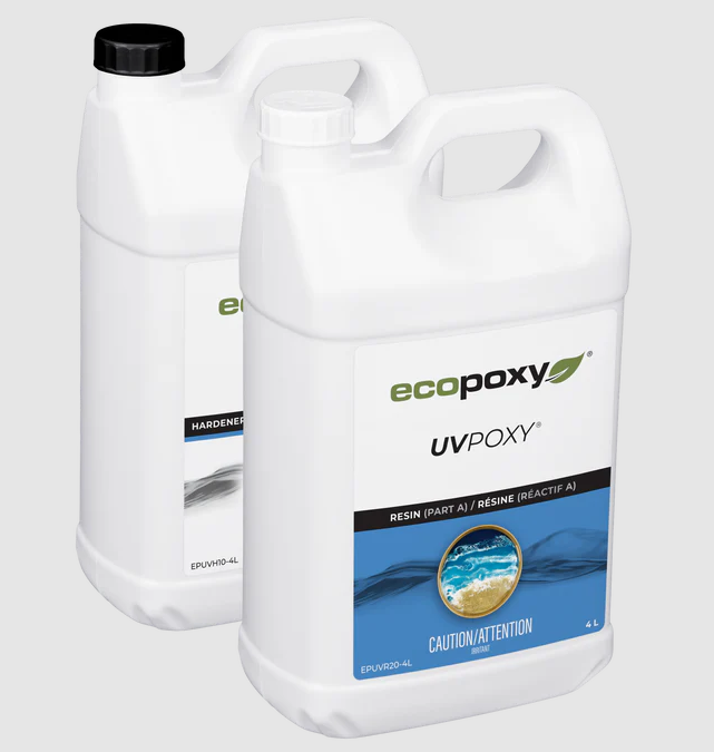 Two white 4-liter containers of EcoPoxy UVPoxy resin and hardener for wood sealers and finishing projects.