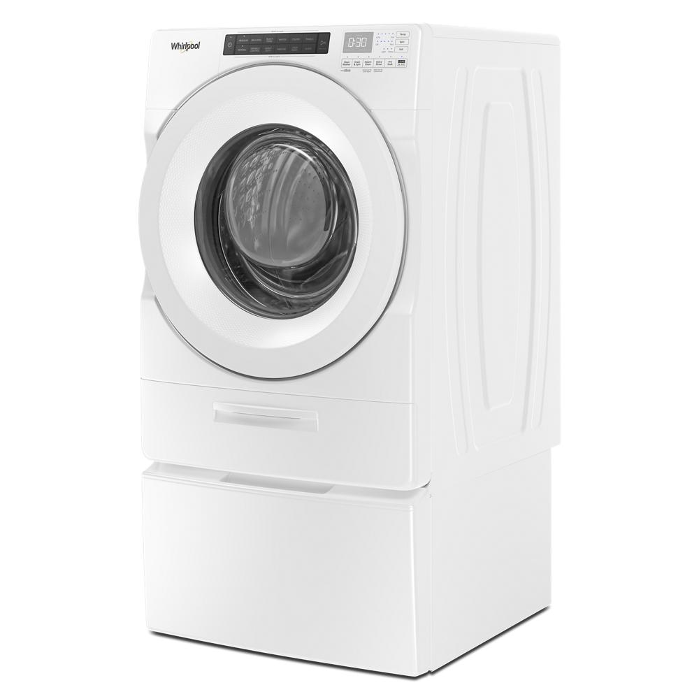 White front load washer elevated on a pedestal with storage drawer in appliance parts and accessories collection