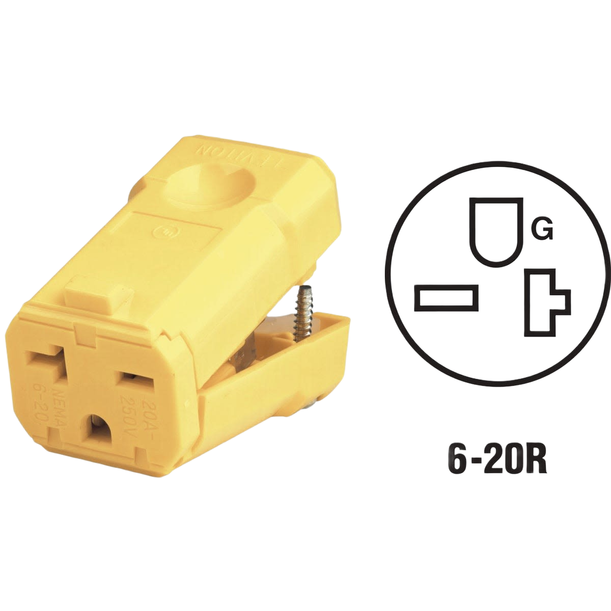 Yellow 20 Amp 250V 3-wire 2-pole cord connector with hinge design for electrical wire and home improvement use