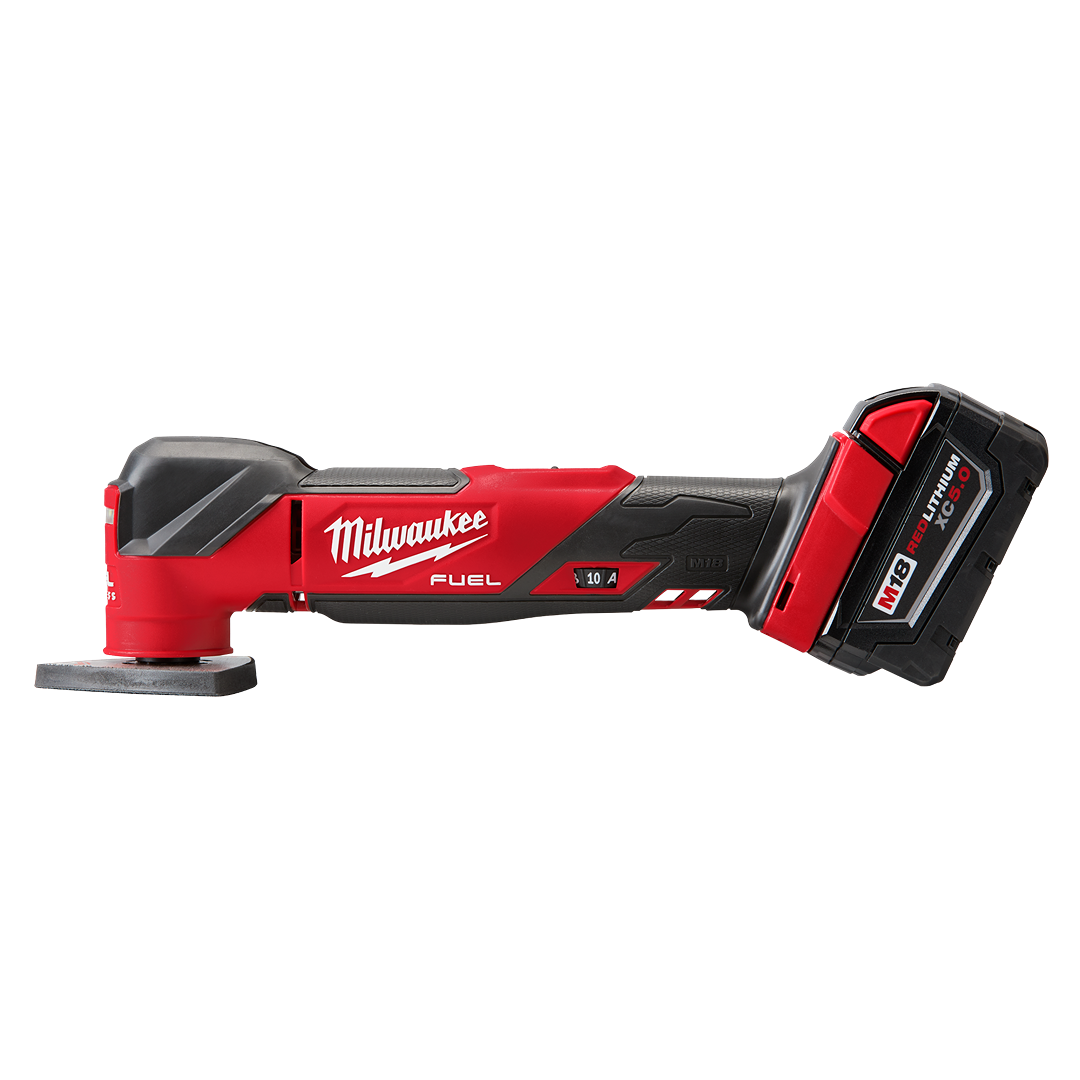 Red and black cordless oscillating multi tool with ergonomic handle and rechargeable battery for home improvement projects
