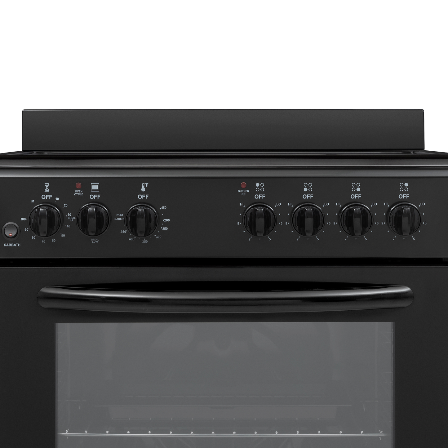 Black electric range control panel with rotary knobs and handle for kitchen appliance in home improvement category