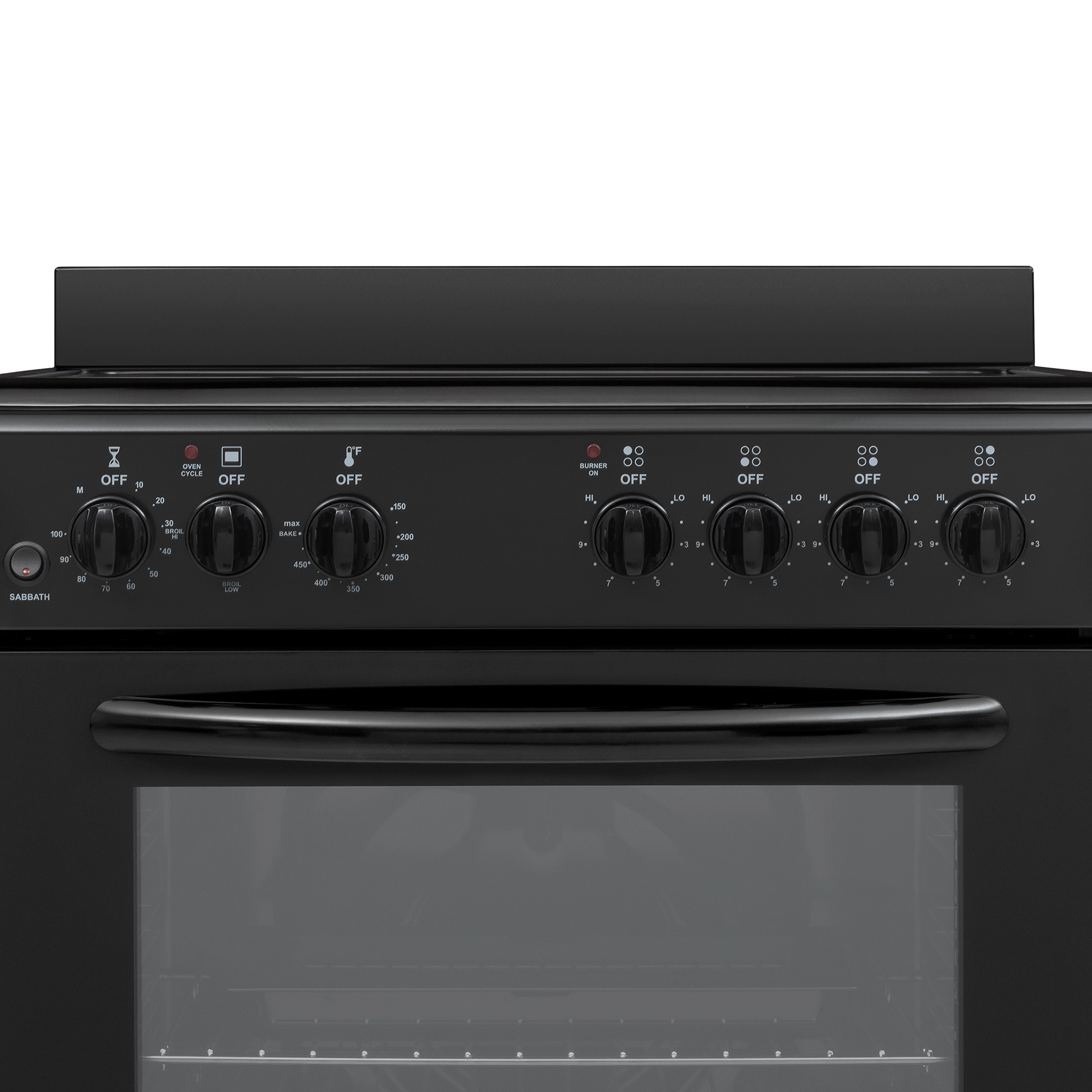 Black electric range control panel with rotary knobs and handle for kitchen appliance in home improvement category