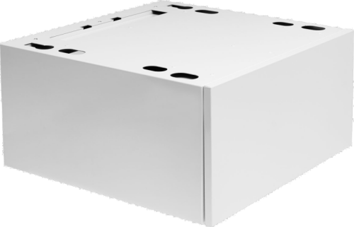 White pull-out drawer component with multiple cutouts designed for laundry appliance organization parts and accessories
