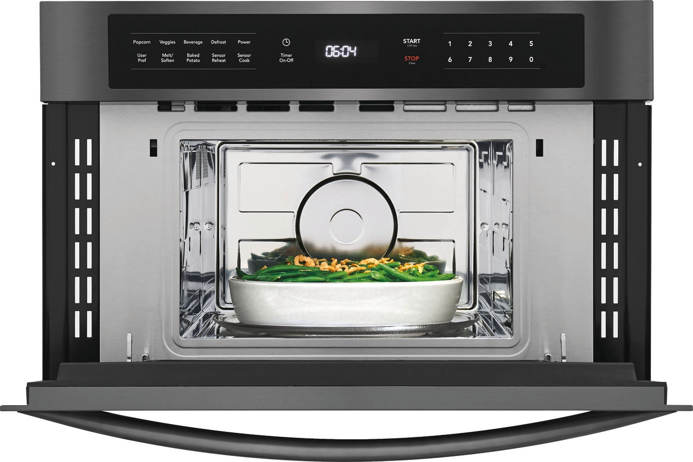 Built-in microwave with stainless steel interior and drop-down door featuring digital control panel in kitchen appliances collection
