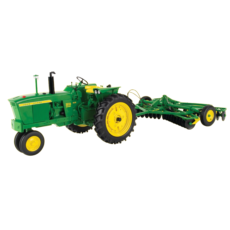 Green and yellow scale model tractor with rear-mounted disk harrow for agricultural tools and home improvement enthusiasts
