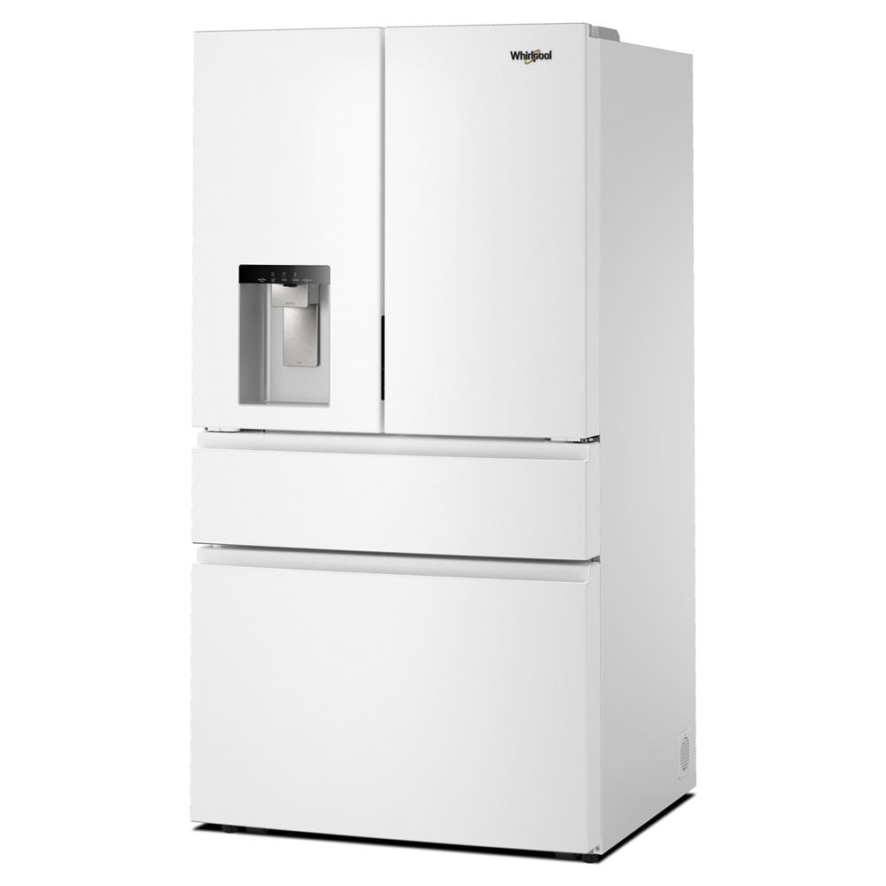 White Whirlpool® French door refrigerator with in-door water dispenser and flexible temperature drawer in kitchen appliance collections