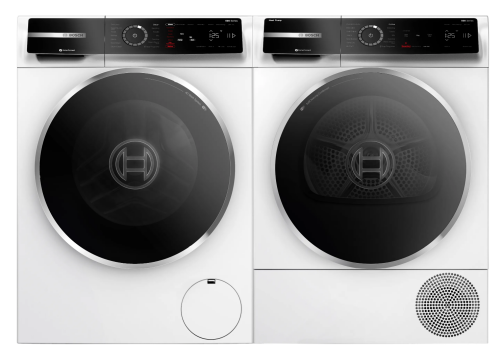Front-load washer and dryer set with sleek black control panels and circular transparent doors from Bosch appliance collection