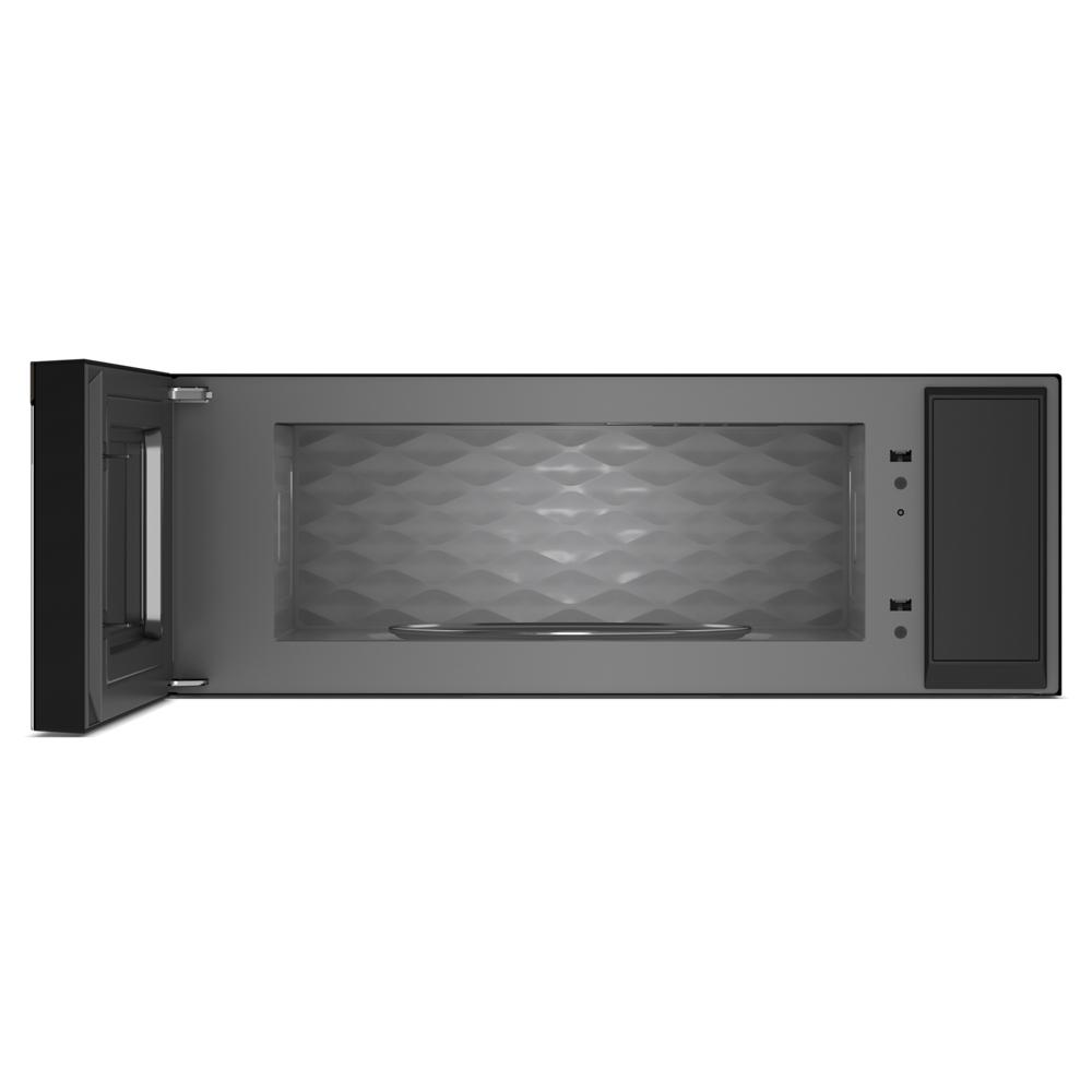 Open stainless steel smart low profile microwave with textured interior and control panel from Over the Range Microwaves collection