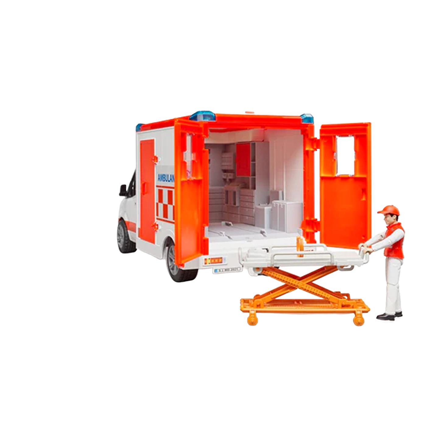 Red and white Bruder MB Sprinter Ambulance toy with open rear doors and stretcher, featuring a driver figure in Vehicles & Remote Toys