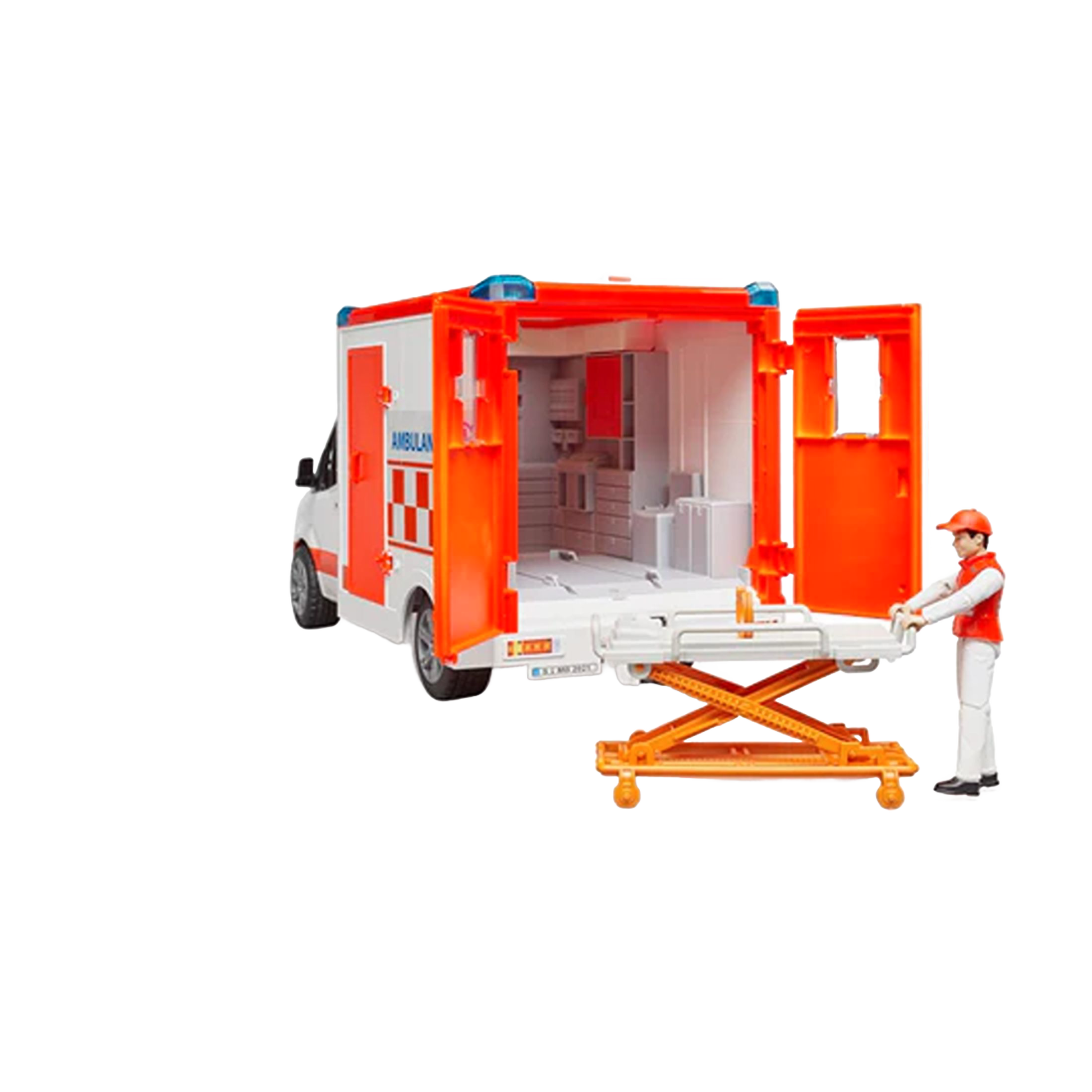 Red and white Bruder MB Sprinter Ambulance toy with open rear doors and stretcher, featuring a driver figure in Vehicles & Remote Toys