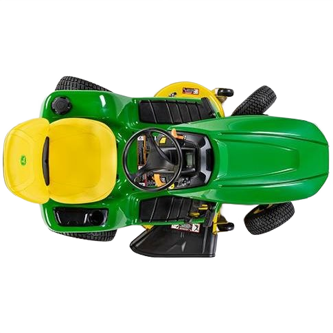 Top-down view of green and yellow John Deere riding lawn tractor with sturdy tires and comfortable seat for lawn care tasks