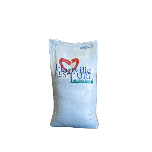 White woven bag of Hartville BesTurf grass seed with red heart and green grass logo for lawn care and garden use