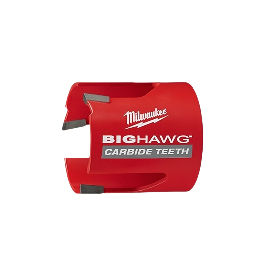 Red Milwaukee BIG HAWG hole saw with carbide teeth for efficient cutting in woodworking and home improvement tools collections