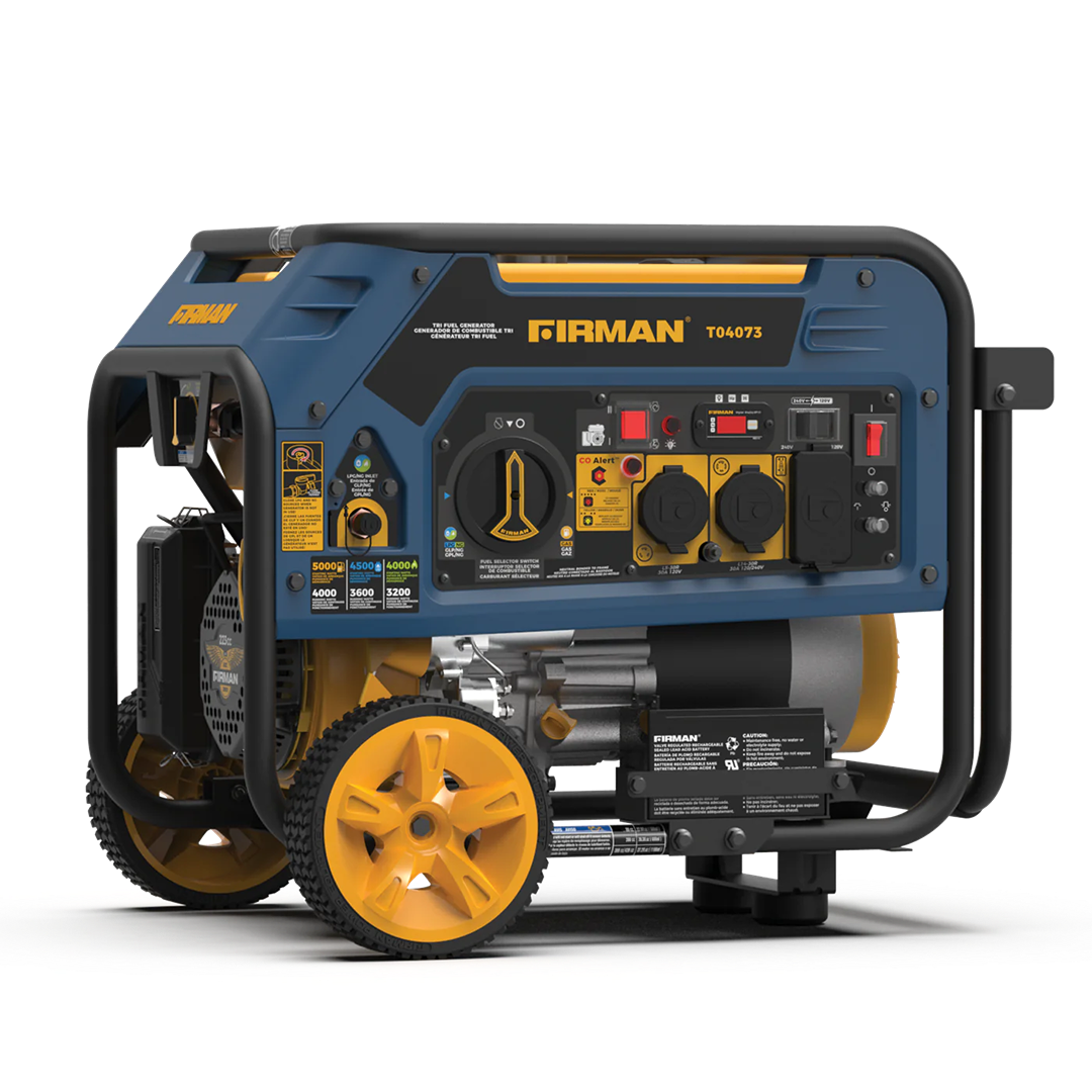 Portable tri-fuel generator with electric start, yellow wheels, and control panel for tools and home improvement use