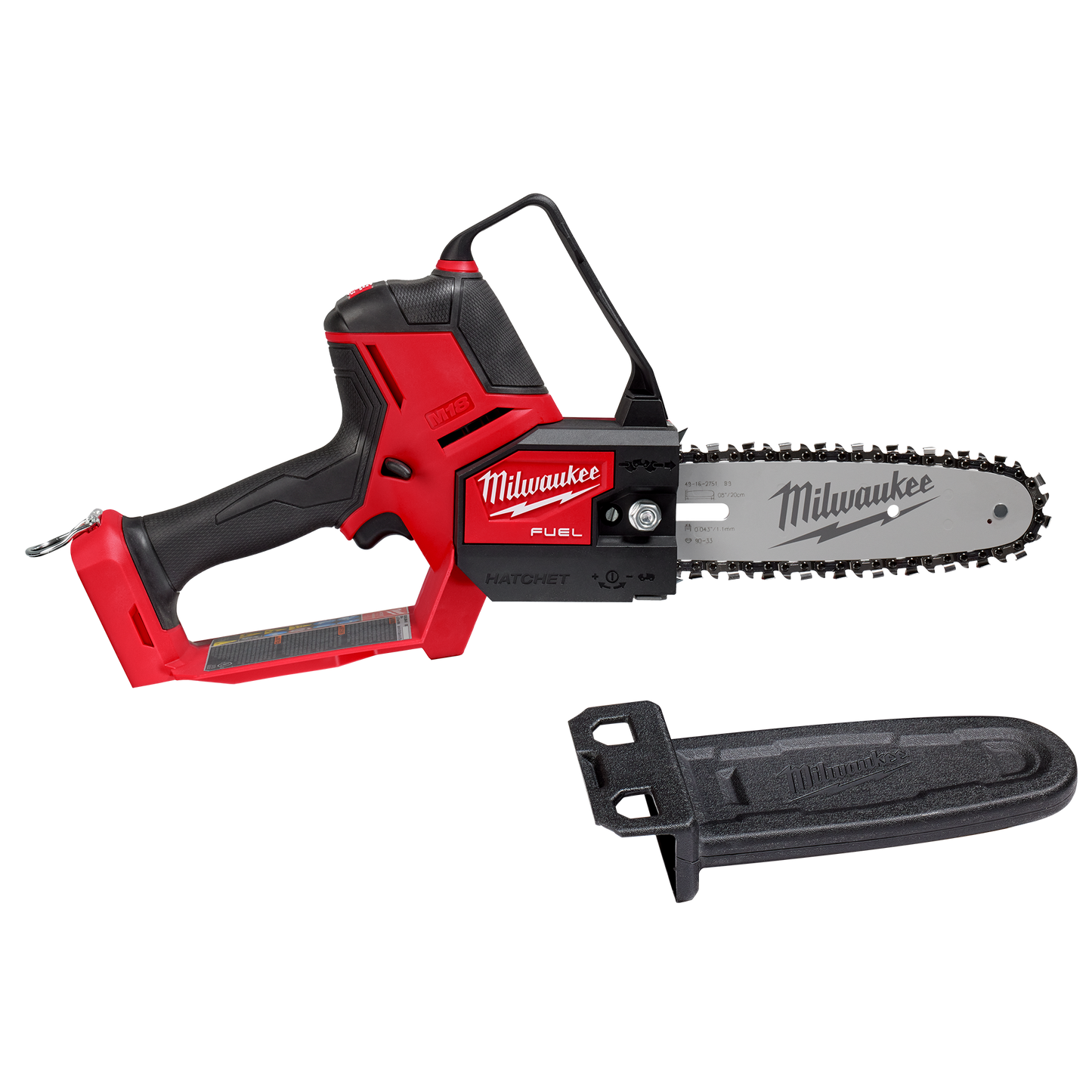 Red and black compact Milwaukee pruning saw with 8-inch blade and protective cover for tools and home improvement tasks