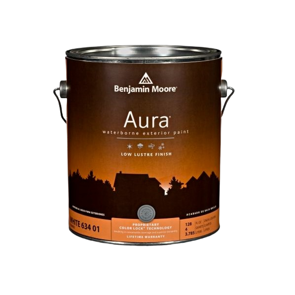Benjamin Moore Aura 4X Low Lustre exterior paint can designed for durable exterior wall and door applications
