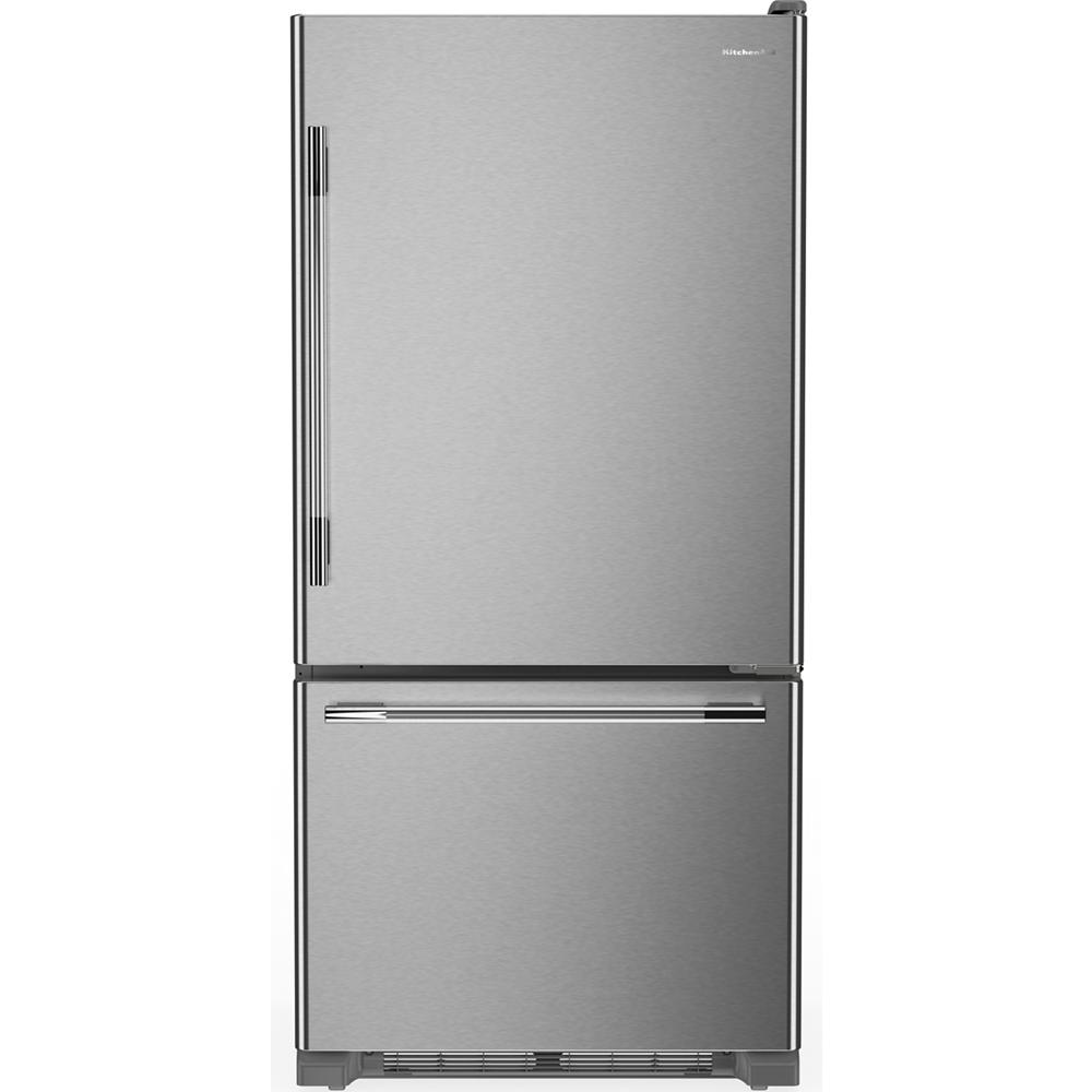 Stainless steel bottom mount refrigerator with right-swing door in KitchenAid appliances and kitchenware collection