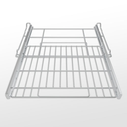 Extendable stainless steel oven rack with sliding rails designed for slide-in ranges in kitchen and cookware collections