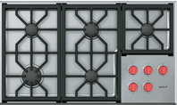 36 inch five burner gas cooktop with black cast iron grates and red control knobs for home cooking and kitchen tools