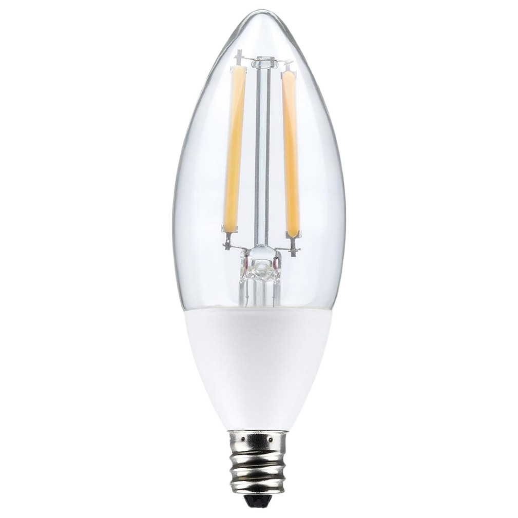 Clear B11 LED bulb with candelabra base and visible filaments, designed for LED lighting and electrical fixtures under $50.