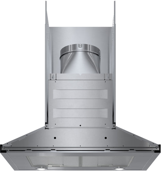 Stainless steel wall-mounted range hood with duct connection and LED lights for kitchen ventilation and appliances