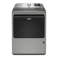 Front view of stainless steel gas dryer from Washers & Dryers collection in modern appliance showroom