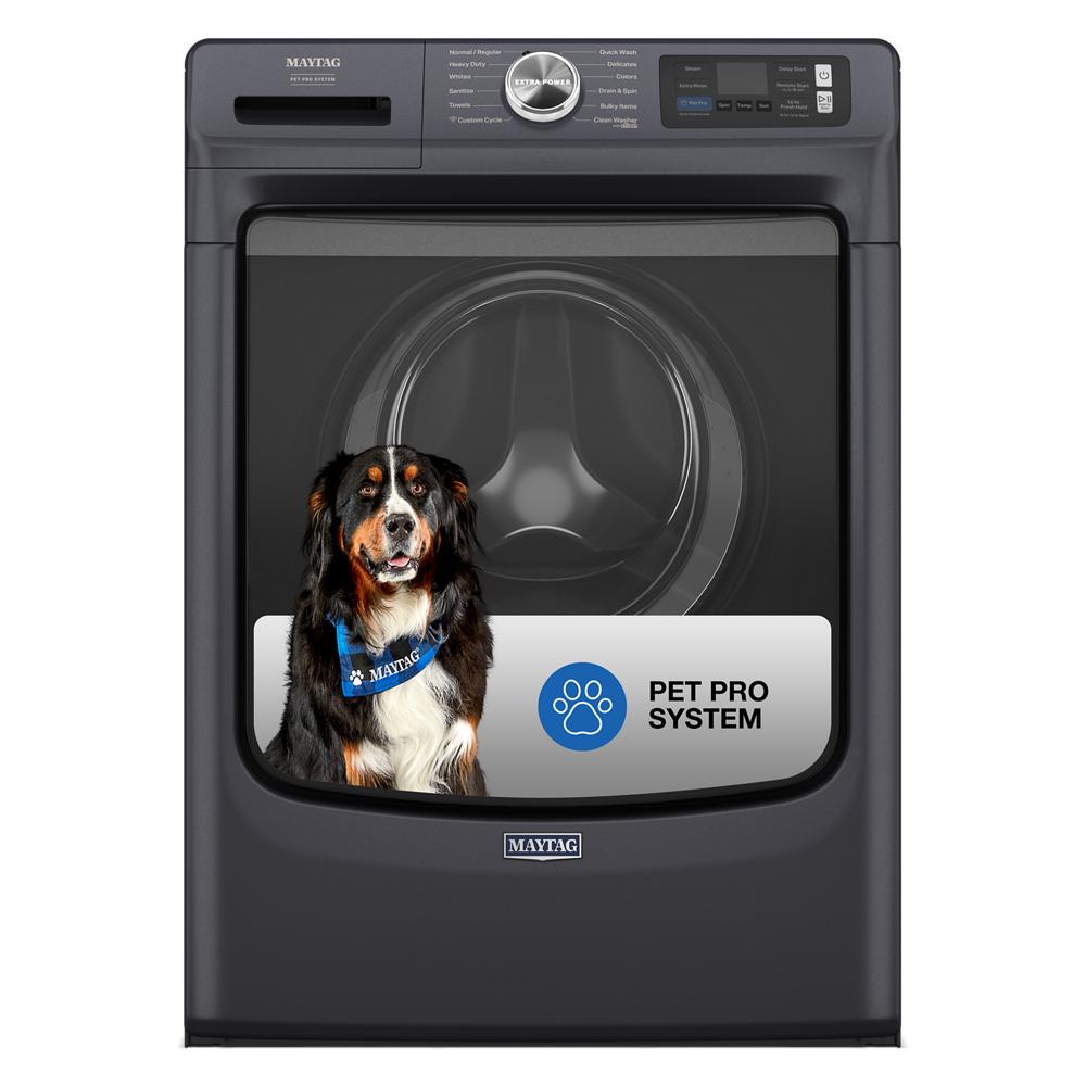 Front load washer in dark finish featuring Pet Pro System badge and image of a dog on the door panel in washers collection