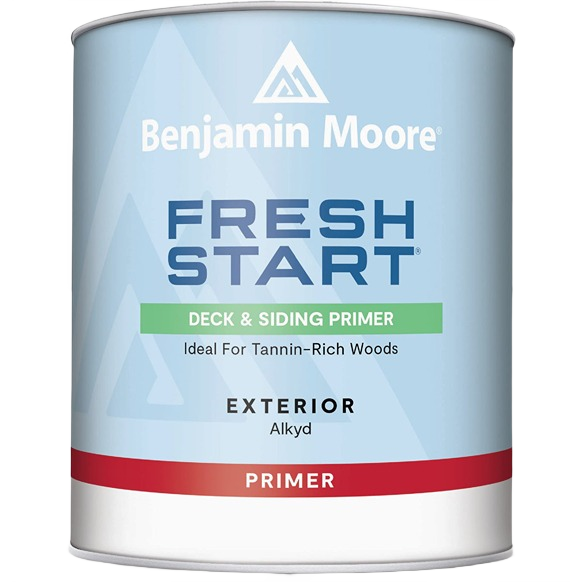 Benjamin Moore Fresh Start alkyd exterior primer in light blue can for deck and siding on wood surfaces