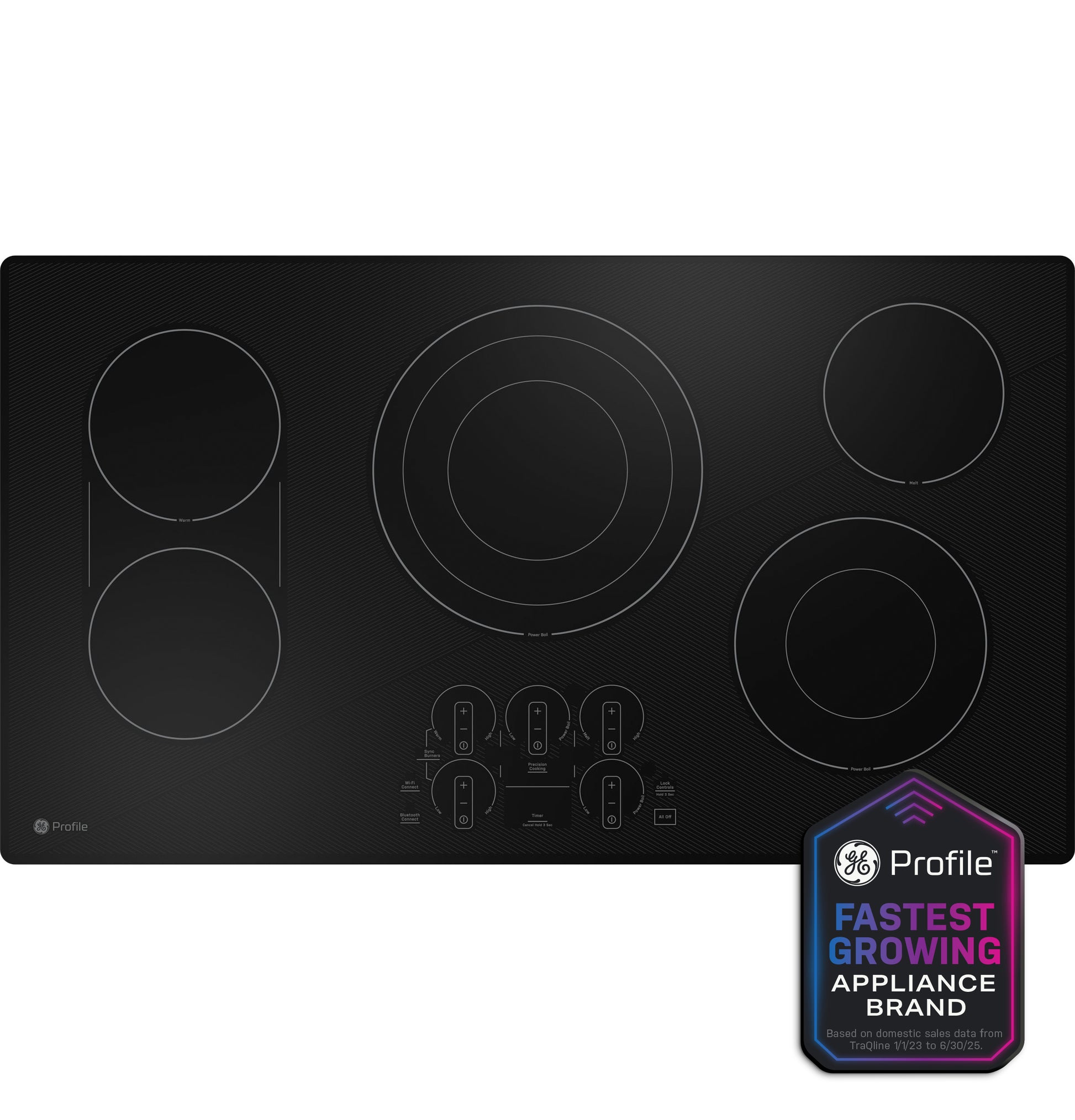 Black built-in electric cooktop with touch controls and multiple burner sizes from Cooktops and Kitchen collections