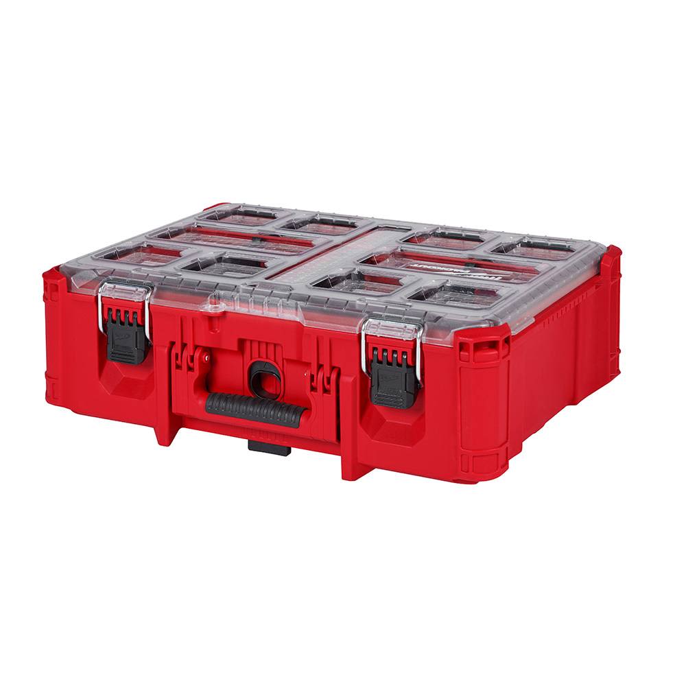 Red durable plastic organizer with clear lid and black latches for tool storage and workshop organization purposes