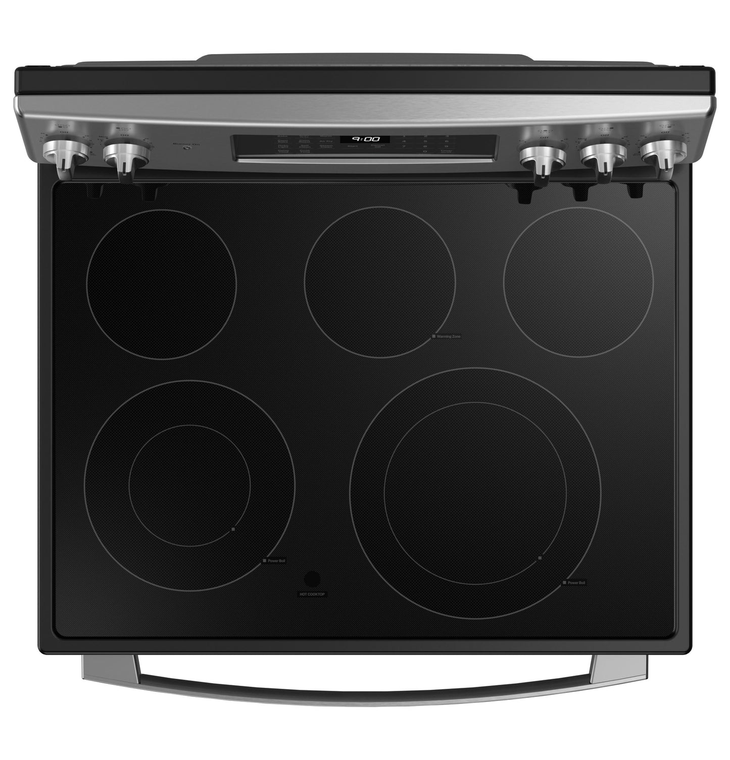 Top view of a black smooth cooktop electric range with stainless steel knobs in kitchen appliances collection