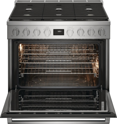 stainless steel 36-inch induction freestanding range with open convection oven and control knobs for kitchen and home improvement