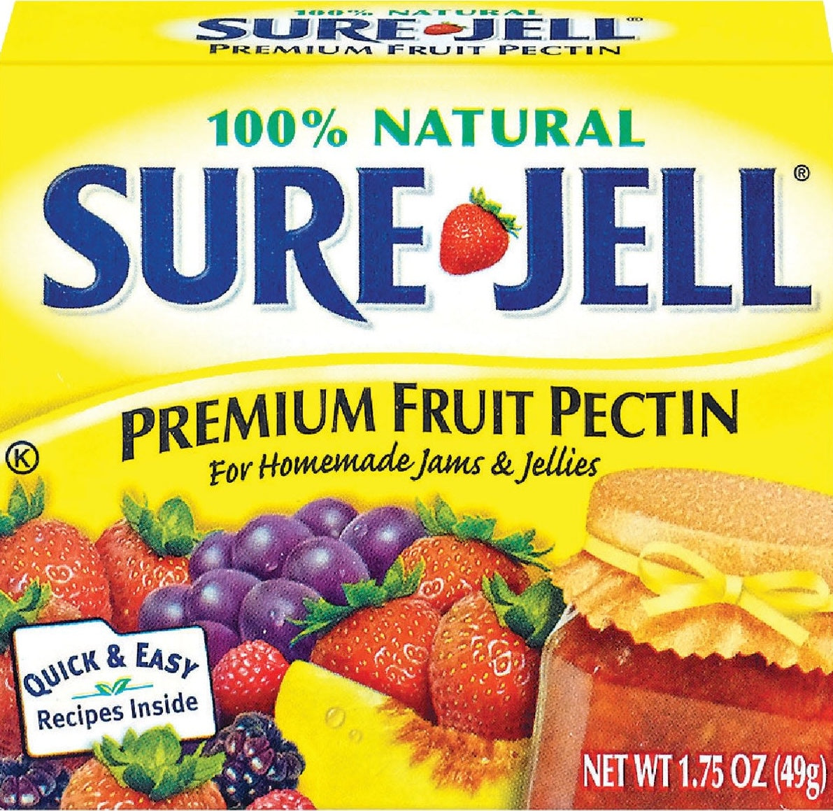 Box of Sure-Jell natural fruit pectin for making homemade jams and jellies with images of fresh fruit on packaging