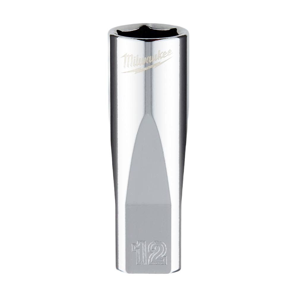 Polished 12mm deep socket with four flat sides to prevent rolling in Milwaukee hand tools and woodworking collections