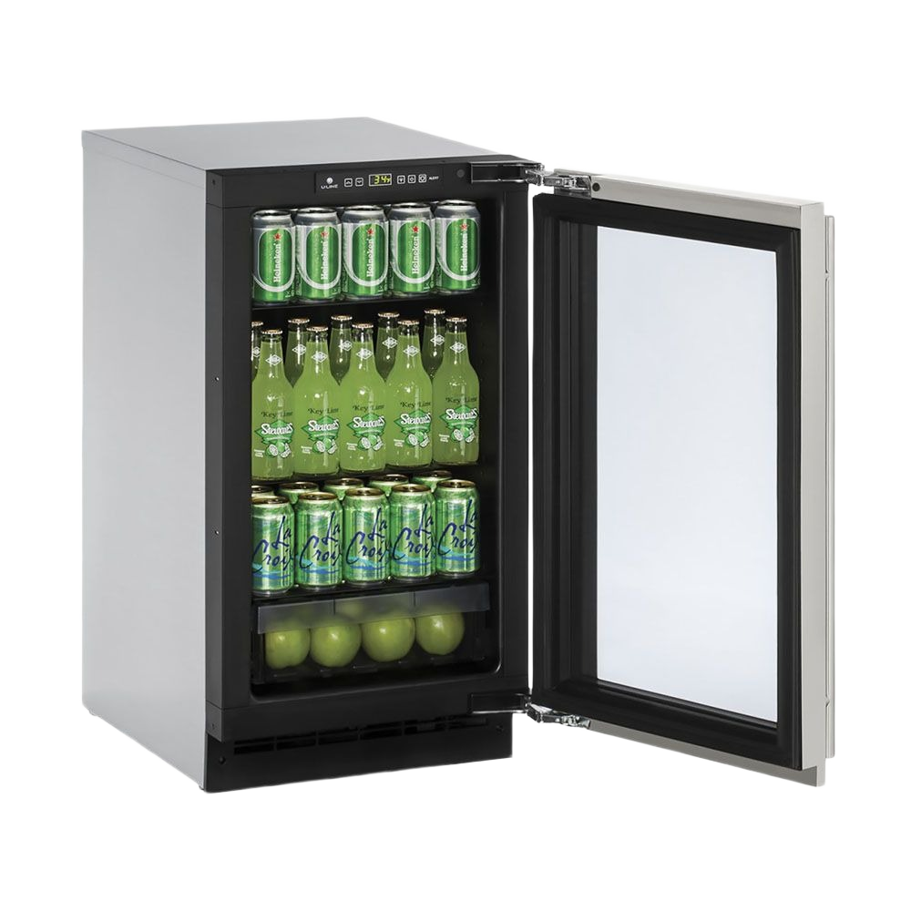 Compact 18-inch beverage refrigerator with reversible hinge, digital controls, glass door, and adjustable shelves in kitchen appliances collection