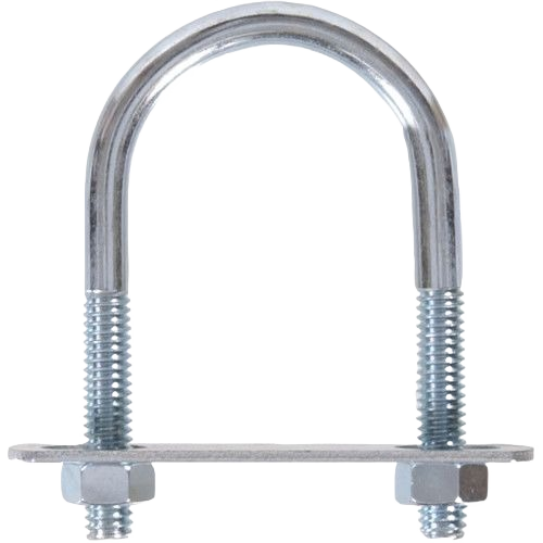 Zinc-plated round U bolt with mounting plate and nuts for hardware, fasteners, and home improvement applications